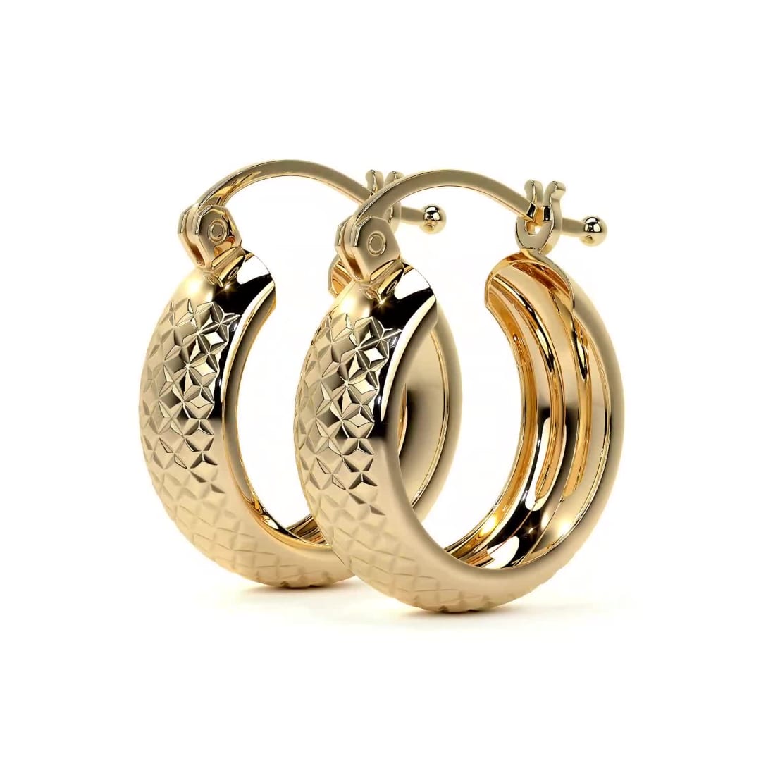 10k Gold Diamond-Cut Arracada Bangle Earring, Honeycomb Style, 12 x 6mm