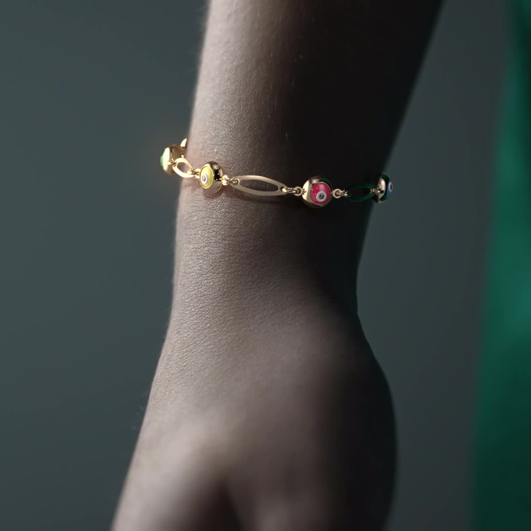 10k Gold Multicolor Eyes Bracelet 4mm, 18cm