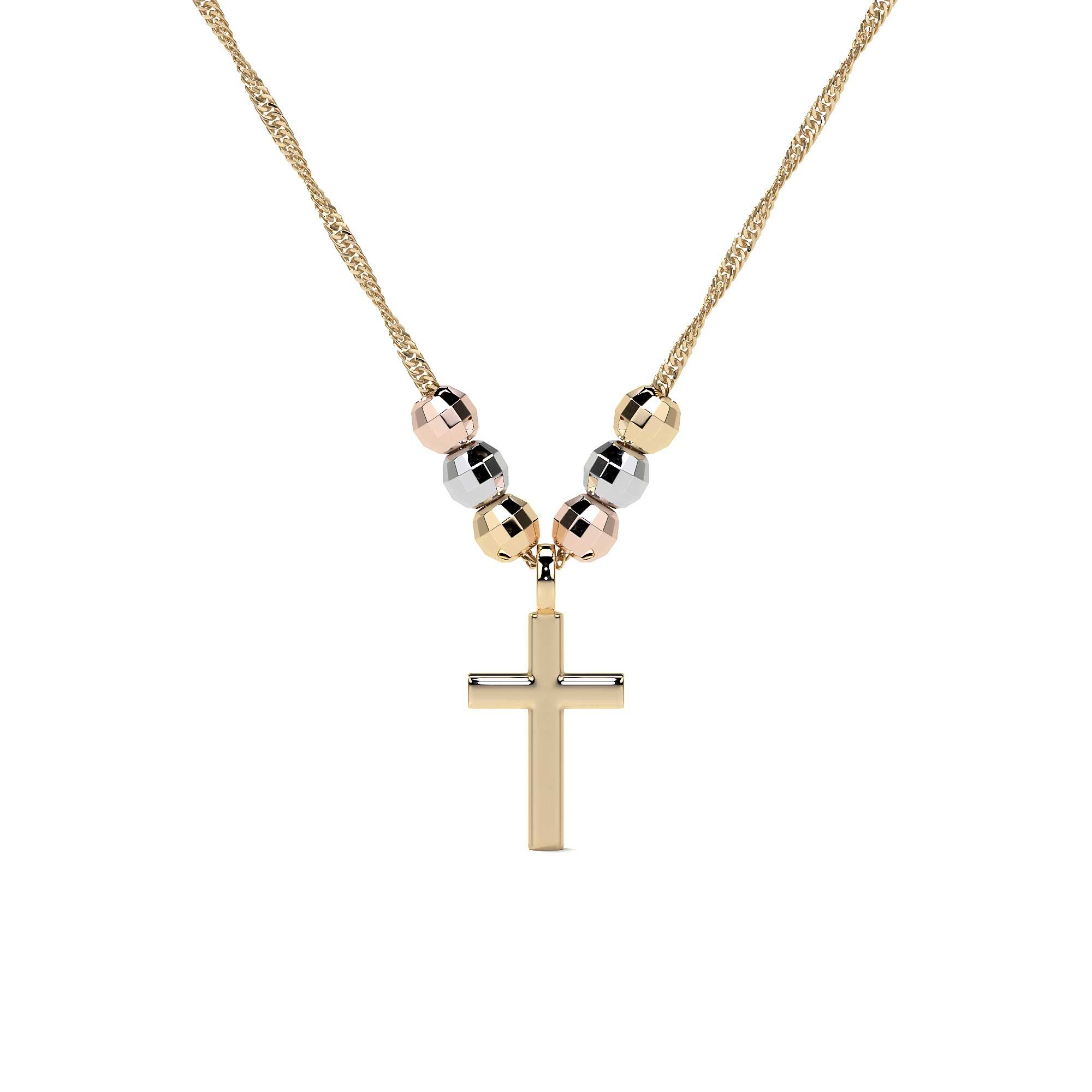 10k Italian Tricolor Cross and Bead Necklace