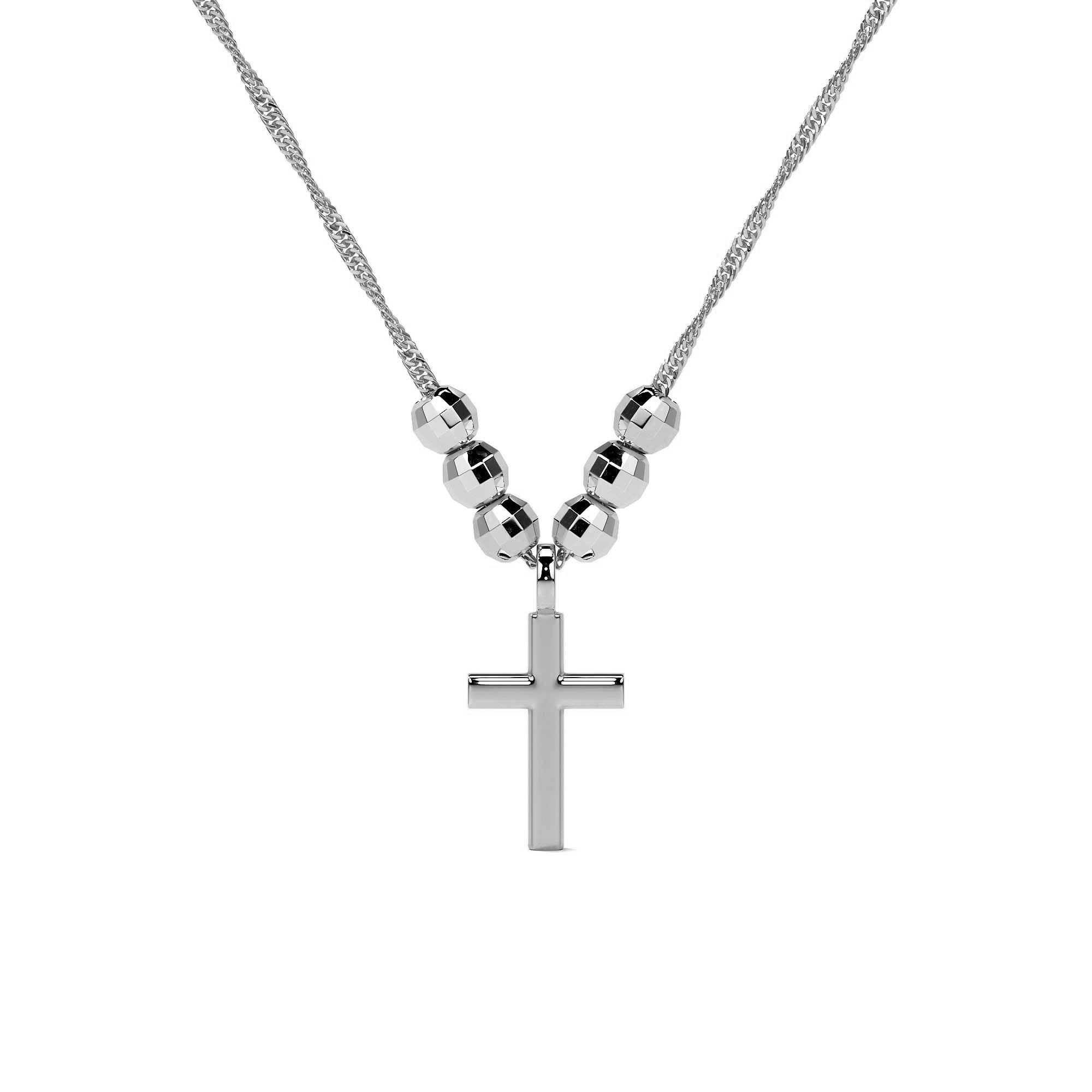 925 Sterling Silver Cross Necklace with Diamond-Cut Bead, 45 cm