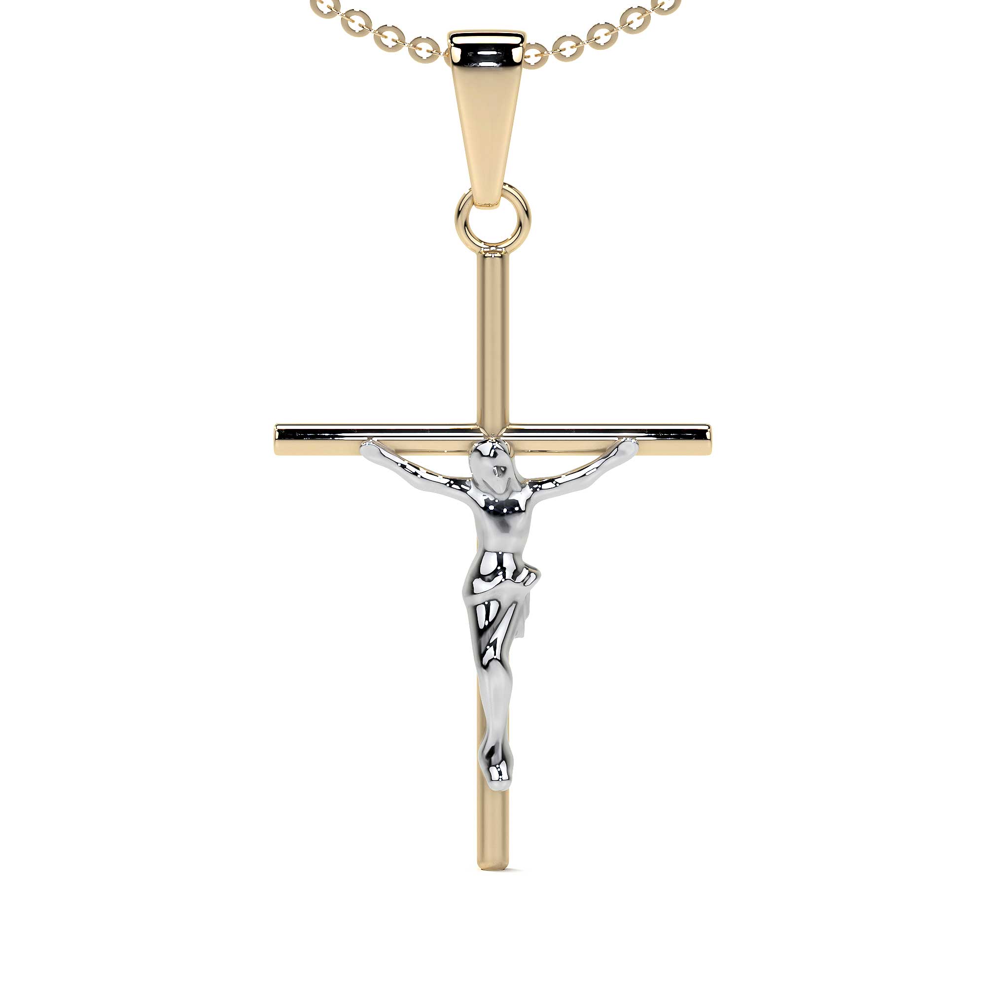 10k Gold Rhodium-Plated Tube Cross and Christ Necklace