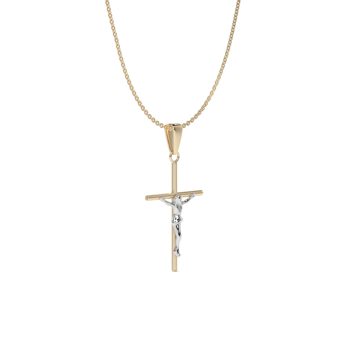 14k Gold Rodium Plated Tube Cross and Christ Necklace