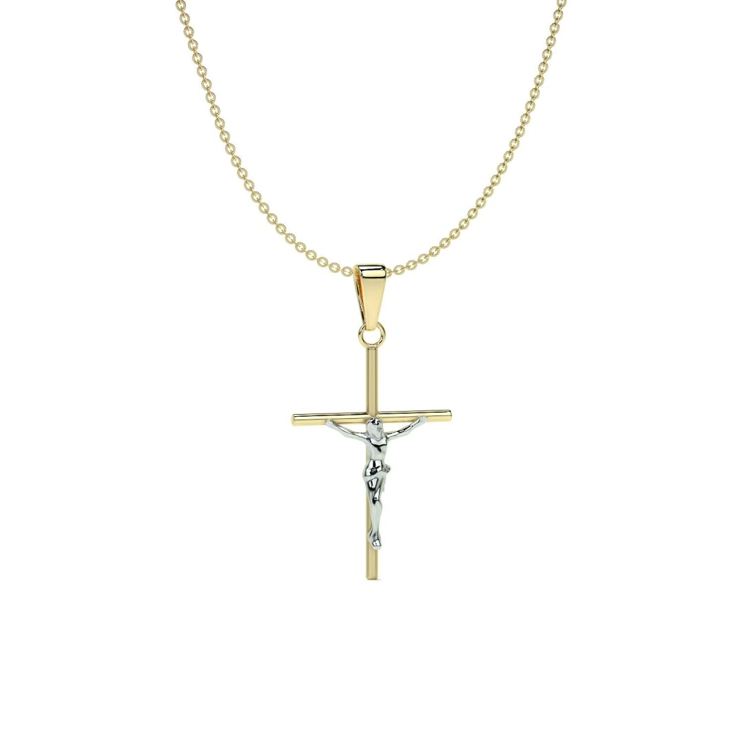 14k Gold Rodium Plated Tube Cross and Christ Necklace