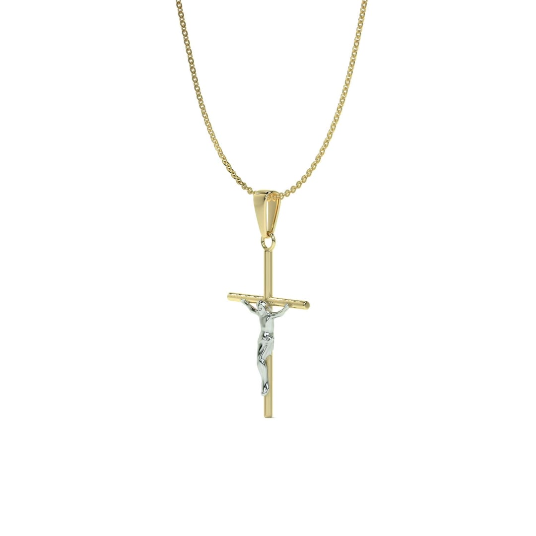 14k Gold Rodium Plated Tube Cross and Christ Necklace