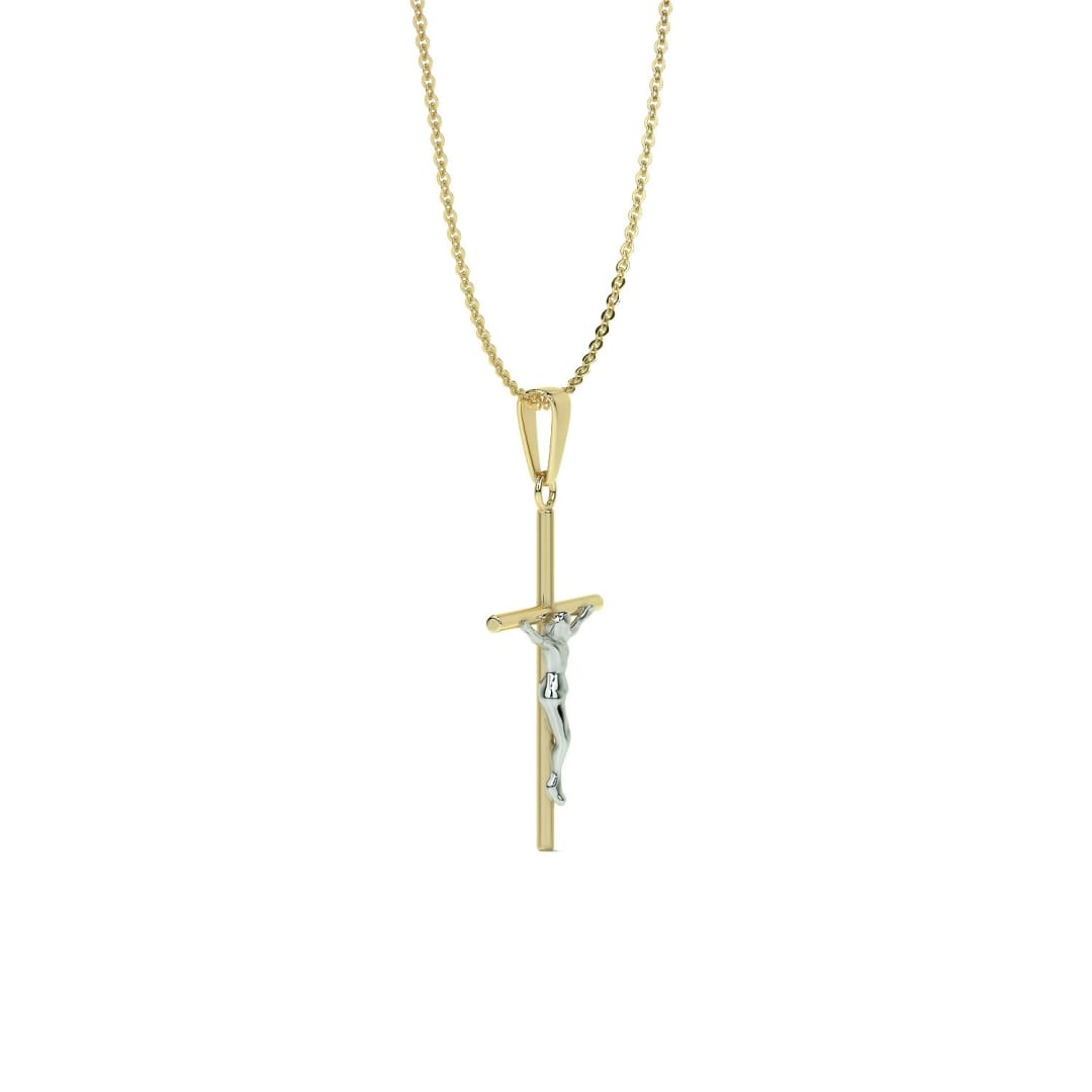 14k Gold Rodium Plated Tube Cross and Christ Necklace