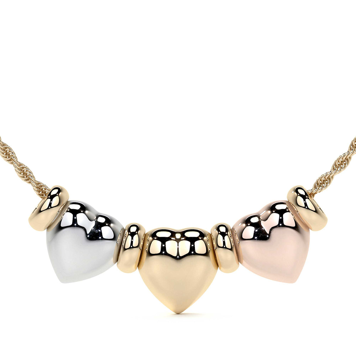 14k Gold Triple Puffed Heart and Hoop Necklace