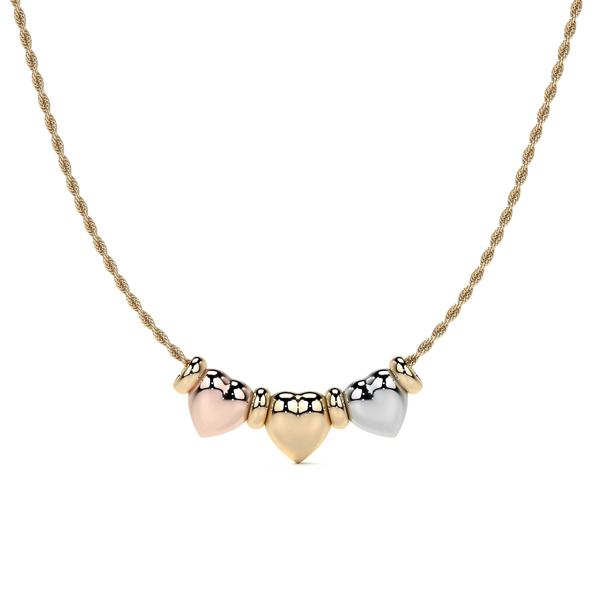 14k Gold Triple Puffed Heart and Hoop Necklace