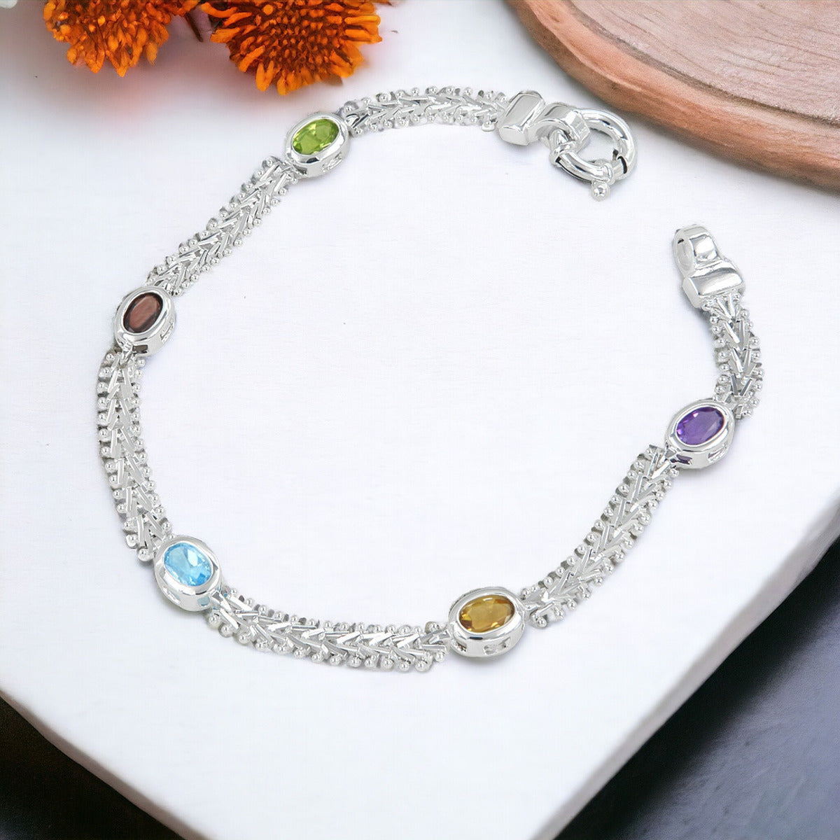 0.925 Sterling Silver Bracelet with Oval Semi-precious Stone