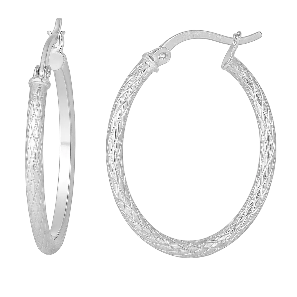 25mm Oval Diamond Cut Square Tube Silver Earring