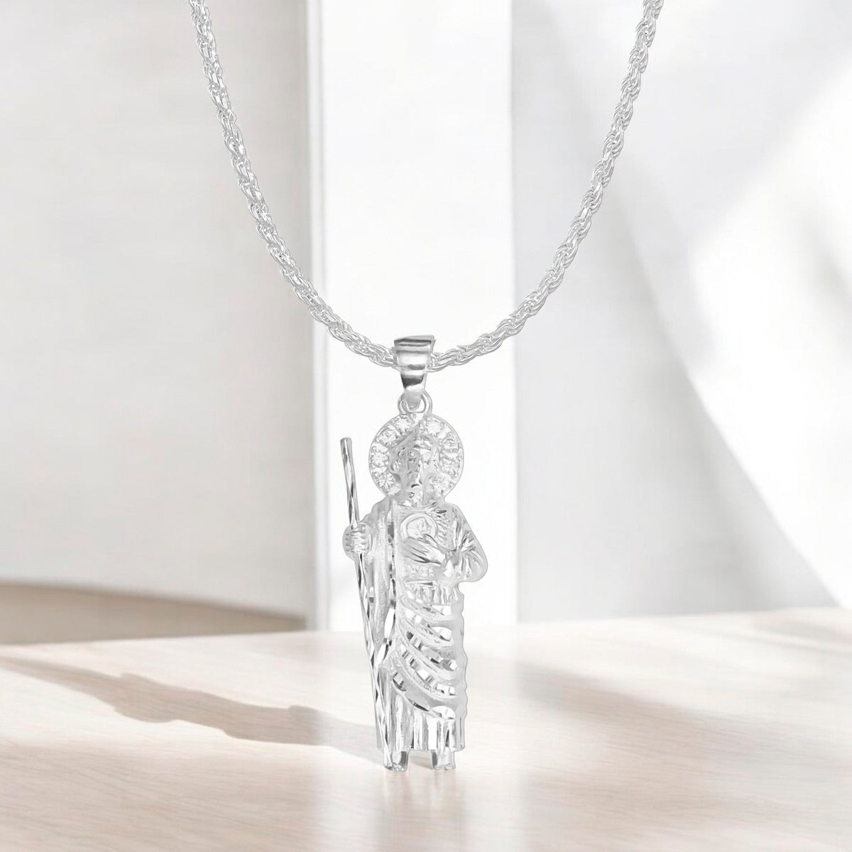 925 Silver Necklace with Saint Jude Charm and Rope Chain