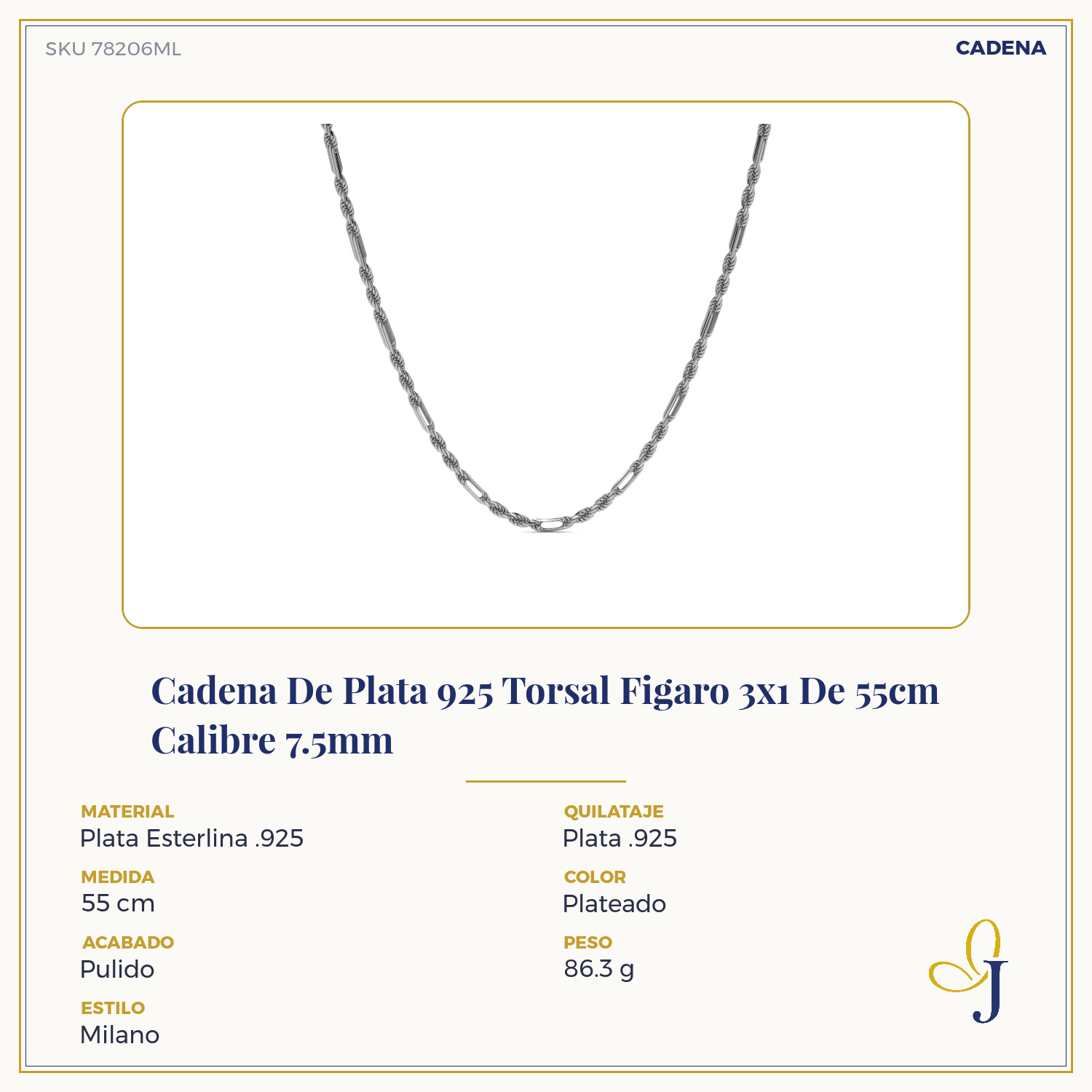 925 Sterling Silver Torsal Figaro 3x1 Chain, 7.5mm Gauge