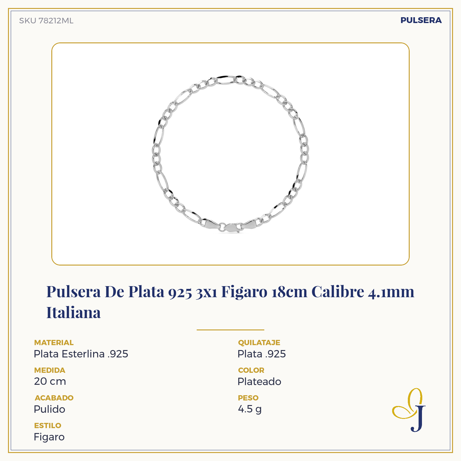Men's Sterling Silver Italian Figaro 3+1 Bracelet | Elegant Men's Jewelry