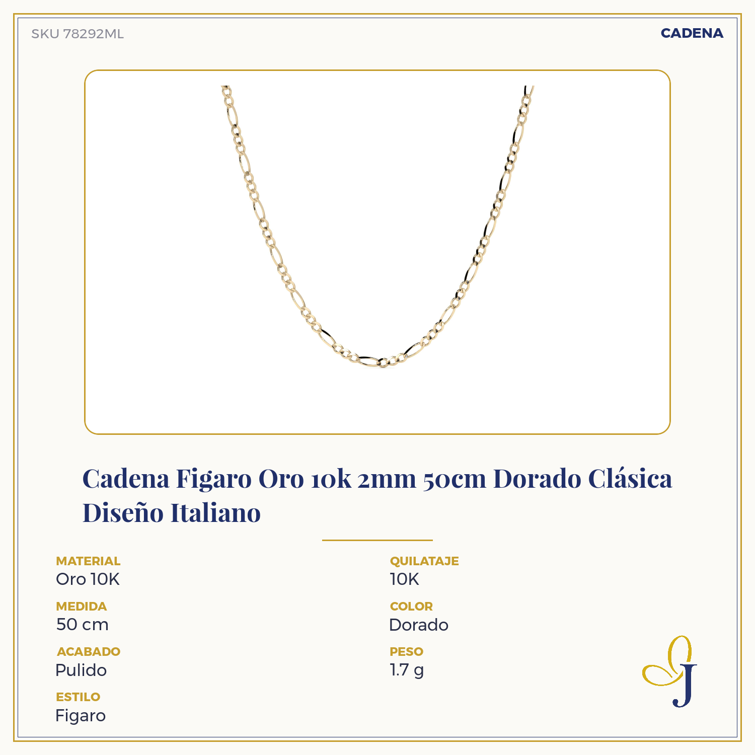 10K Gold Figaro Chain, 2mm, 50cm, Classic Gold Italian Design