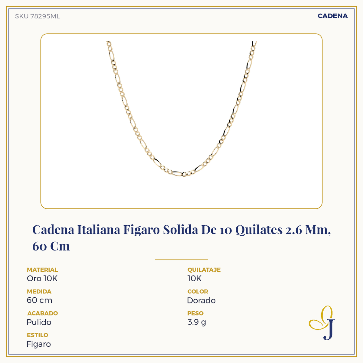 10K Gold Chain 50cm Figaro 3x1, 2.6mm Italian Gold Necklace with Spring Ring Clasp