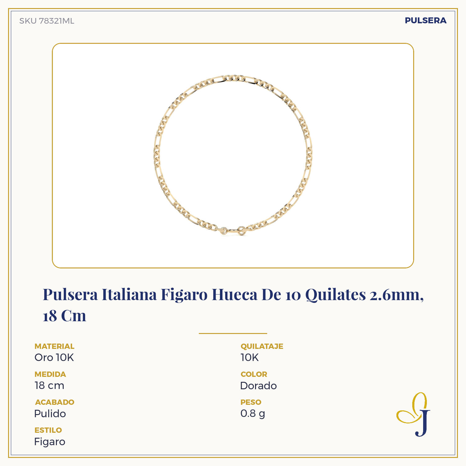 10k Gold Hollow Figaro Men's Bracelet, 2.6mm Gauge, 21.5cm