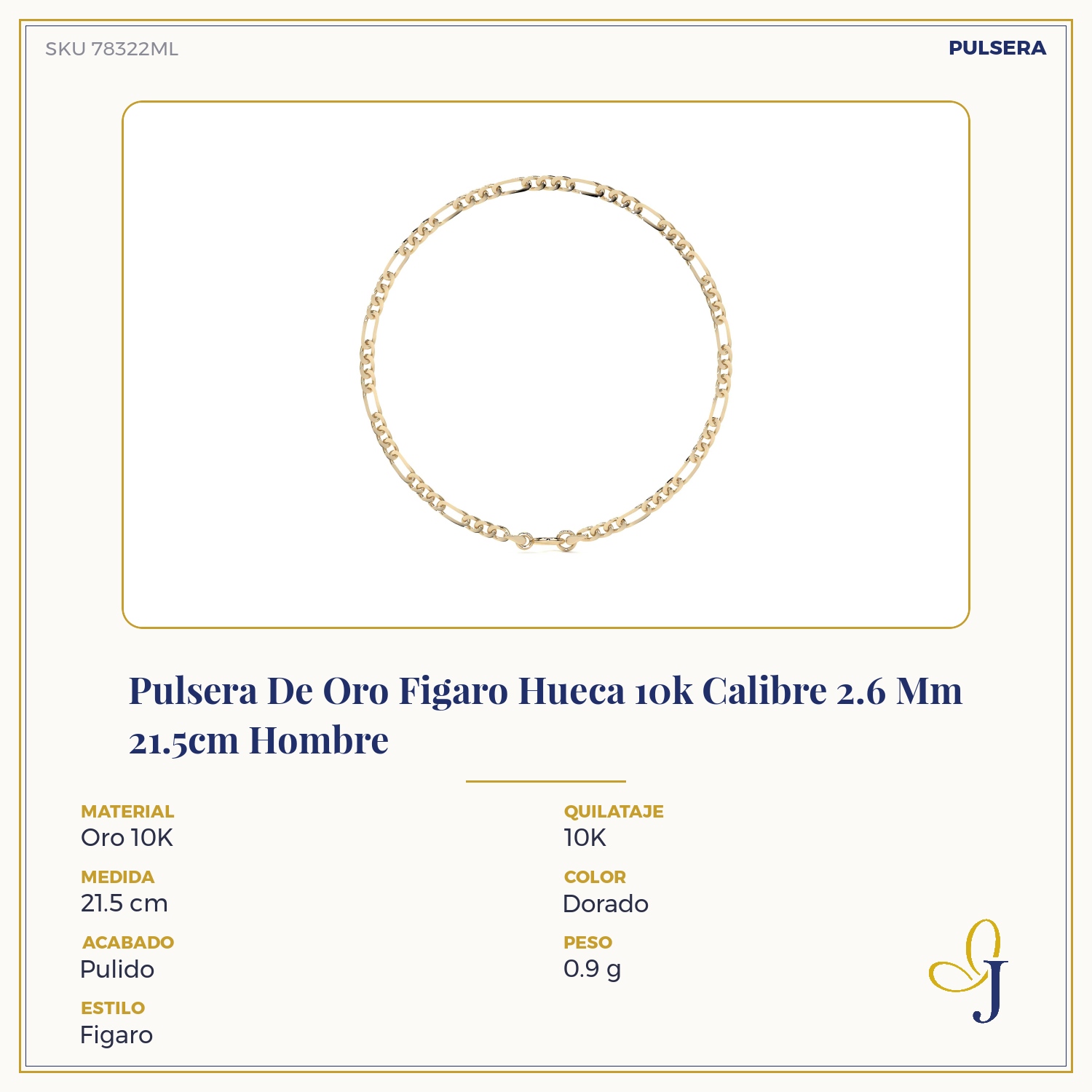 10k Gold Hollow Figaro Men's Bracelet, 2.6mm Gauge, 21.5cm