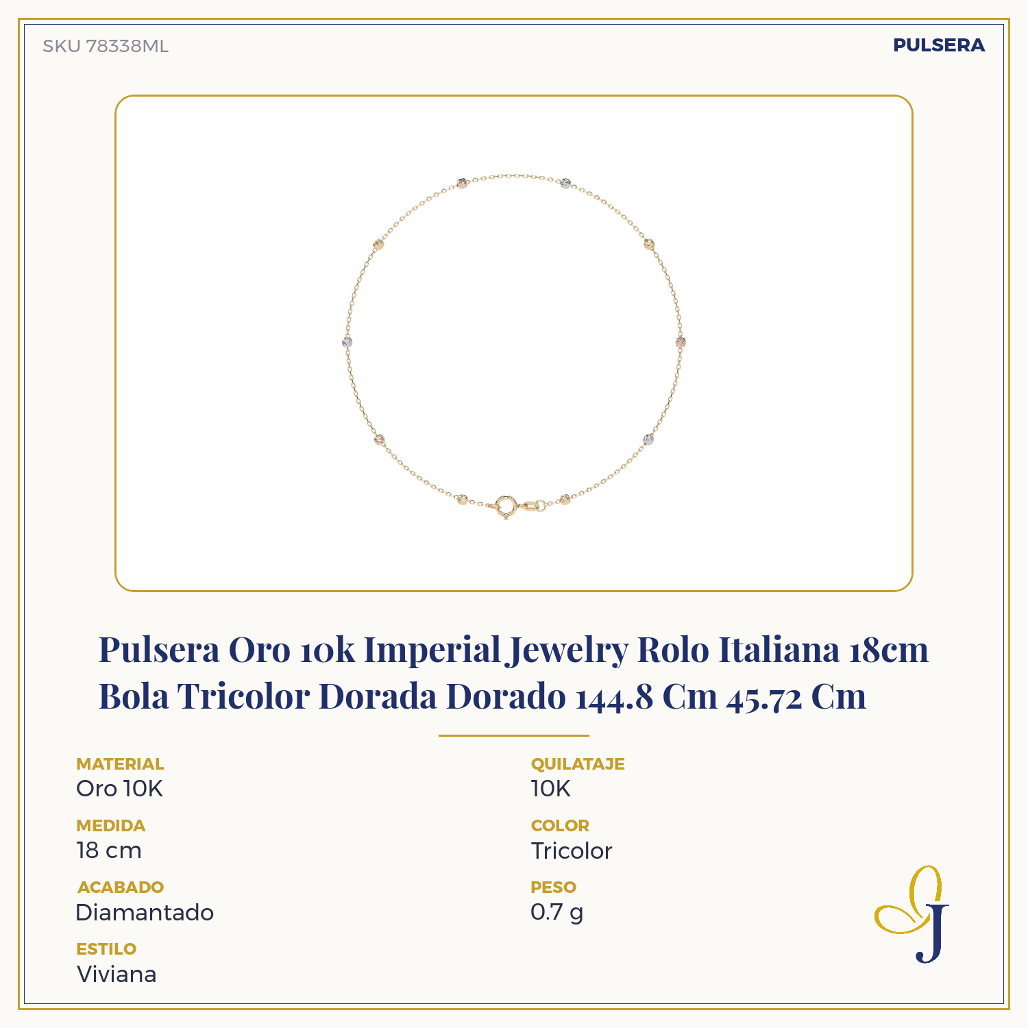 10k Gold Imperial Jewelry Italian Rolo Bracelet, 18cm, Tricolor Bead, Gold-Tone