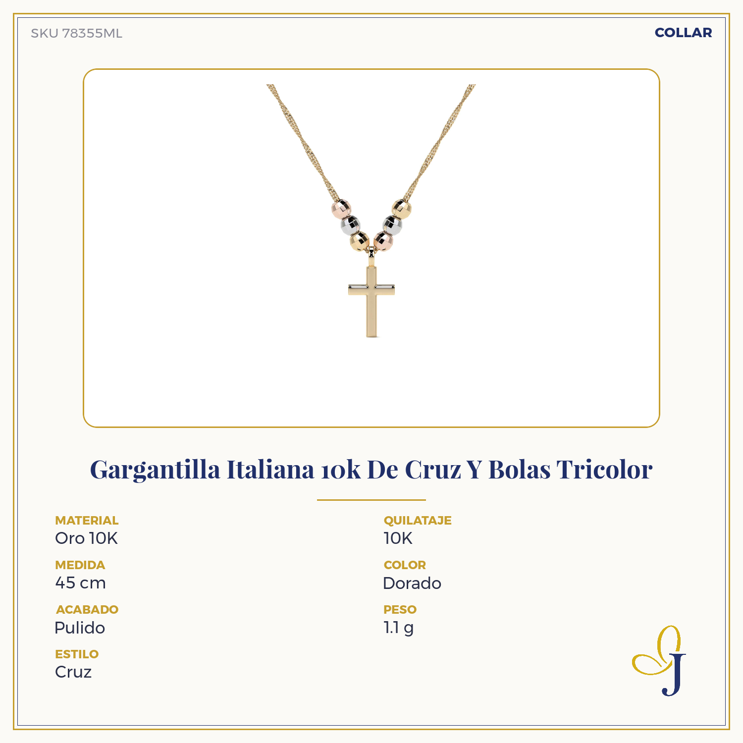 10k Italian Tricolor Cross and Bead Necklace