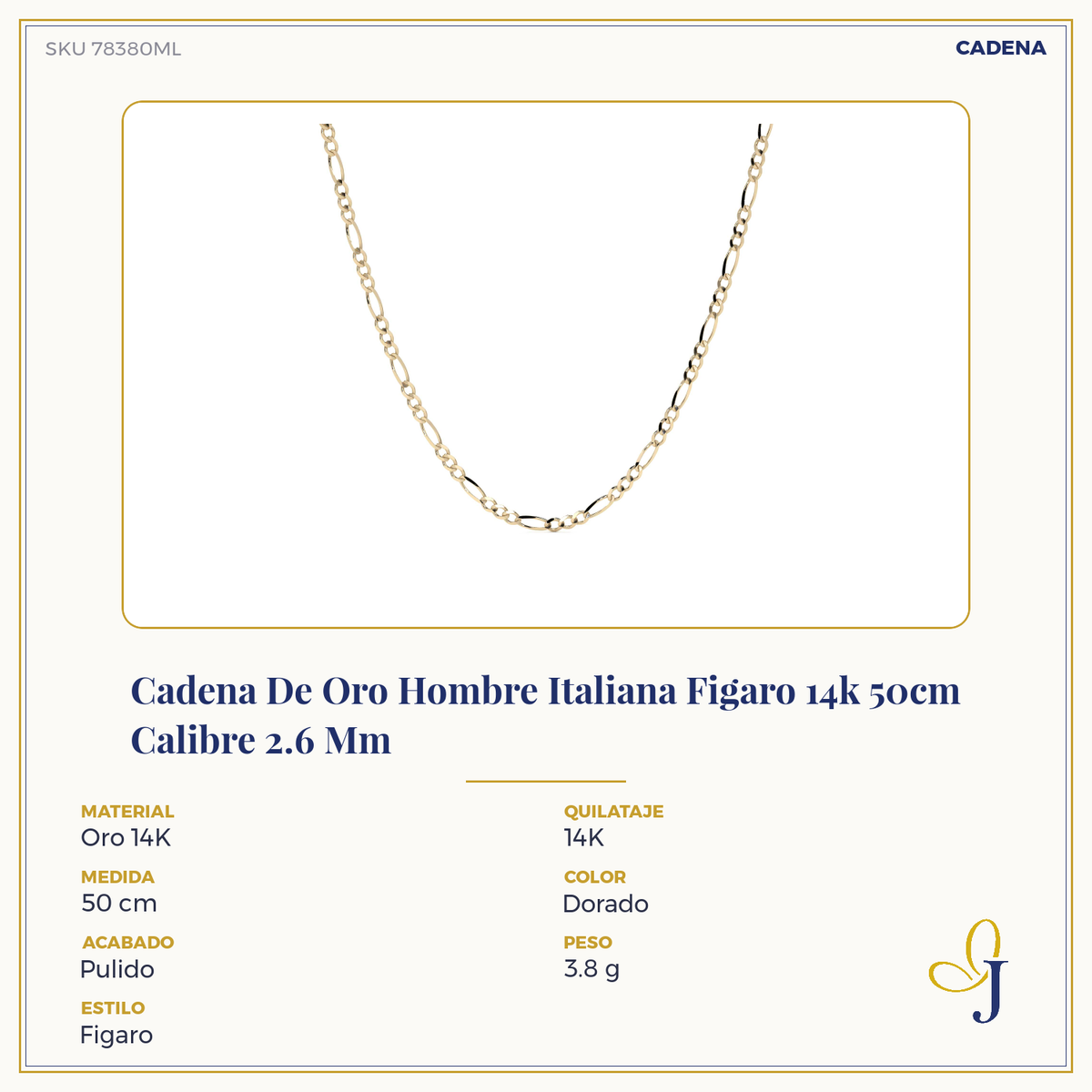 Men's Italian Figaro Gold Chain 14k Gauge 2.6 mm