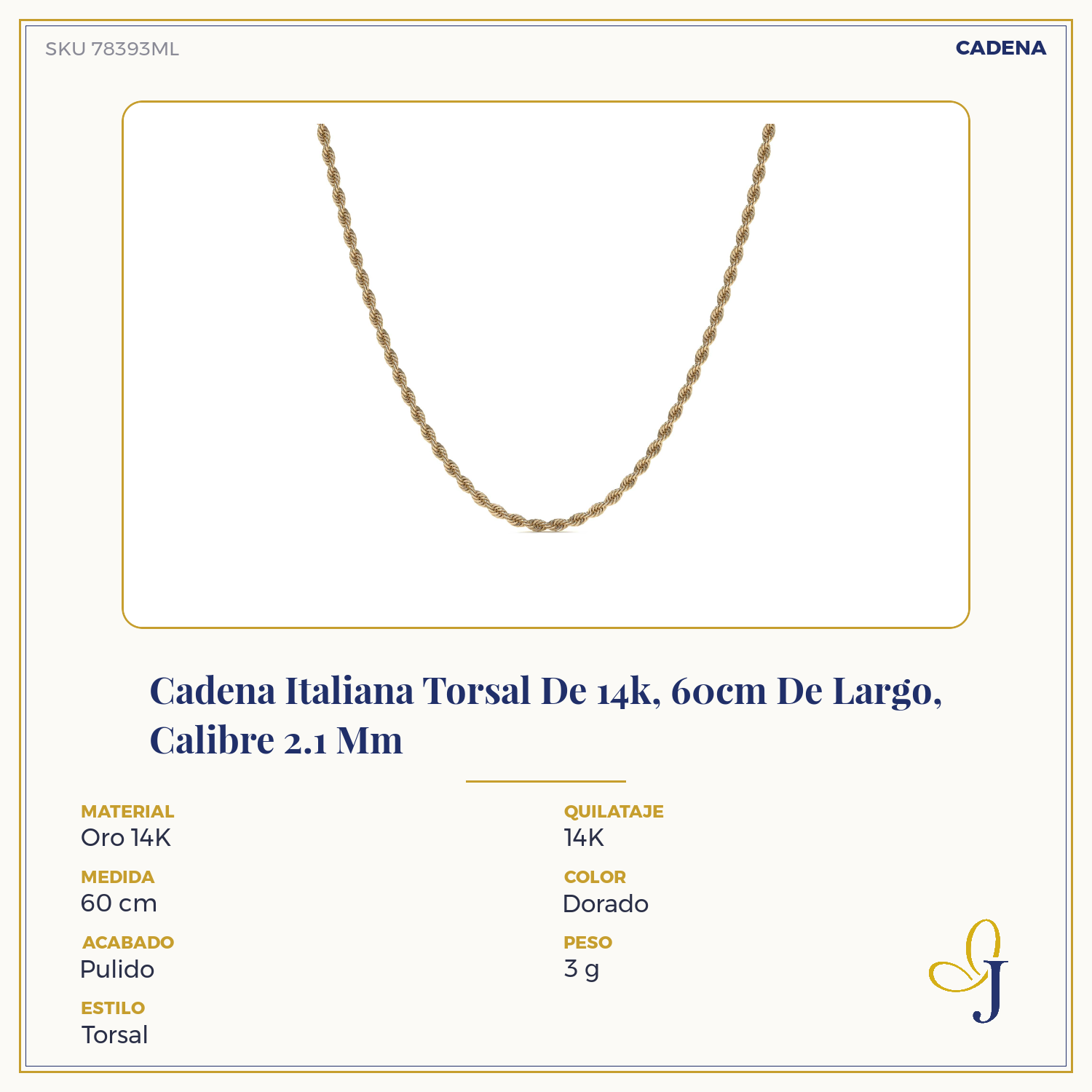 Men's 14k Italian Gold Torsal Chain 2.1mm Gauge