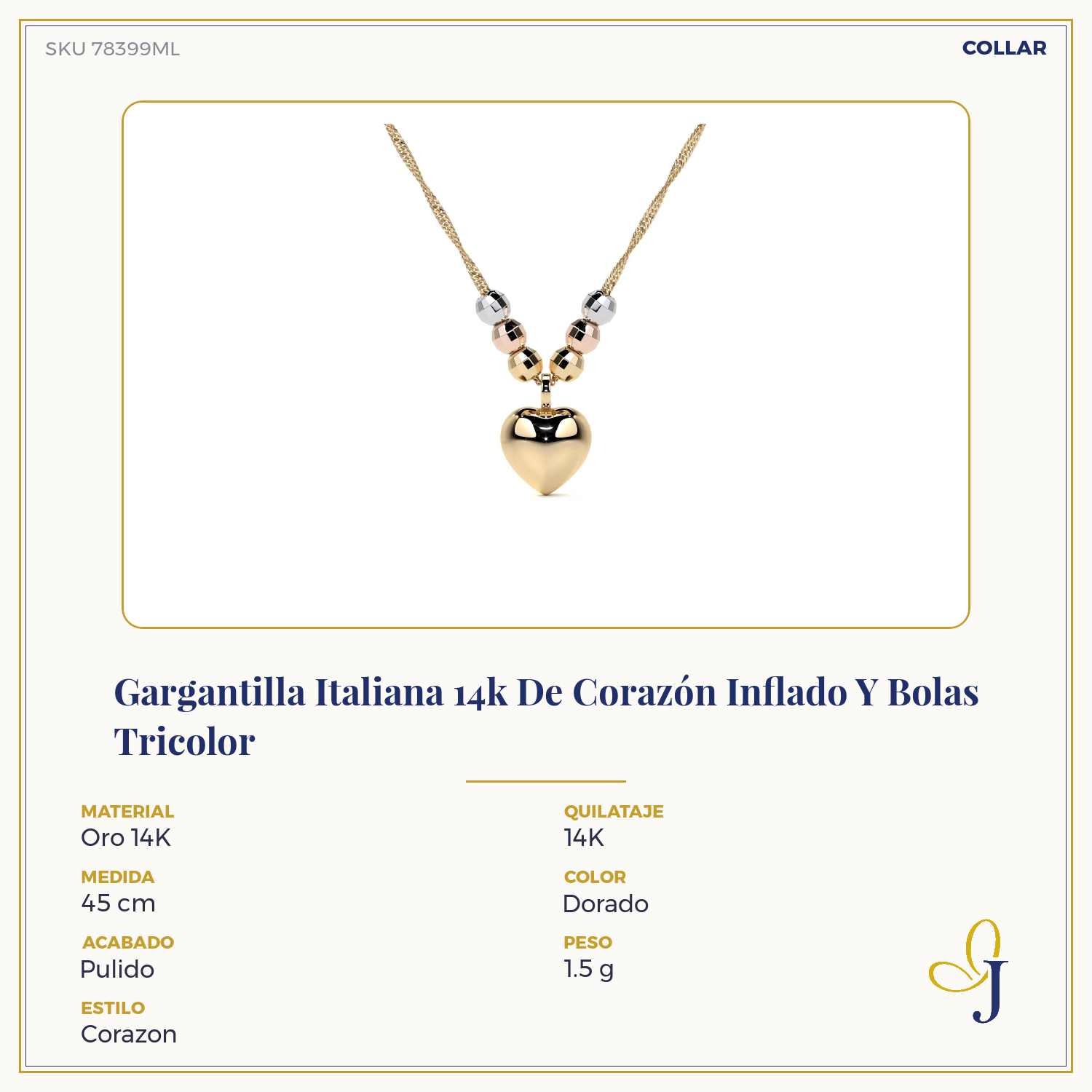 14k or 10K Italian Choker with Puffed Heart and Tricolor Beads