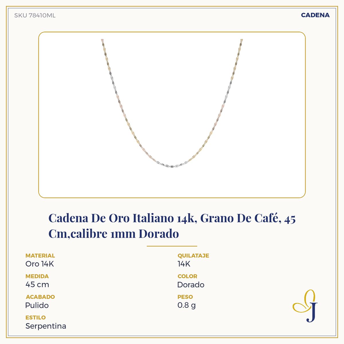 14K Tricolor Gold Coffee Bean Chain | 1mm Italian White, Yellow, and Rose Gold Necklace | 40 to 55 cm