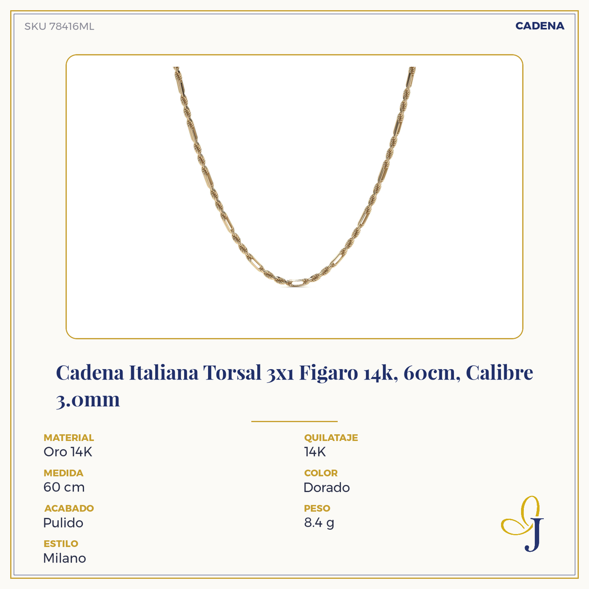14k Italian Torsal Figaro 3x1 Chain, 60cm, 3.0mm Gauge