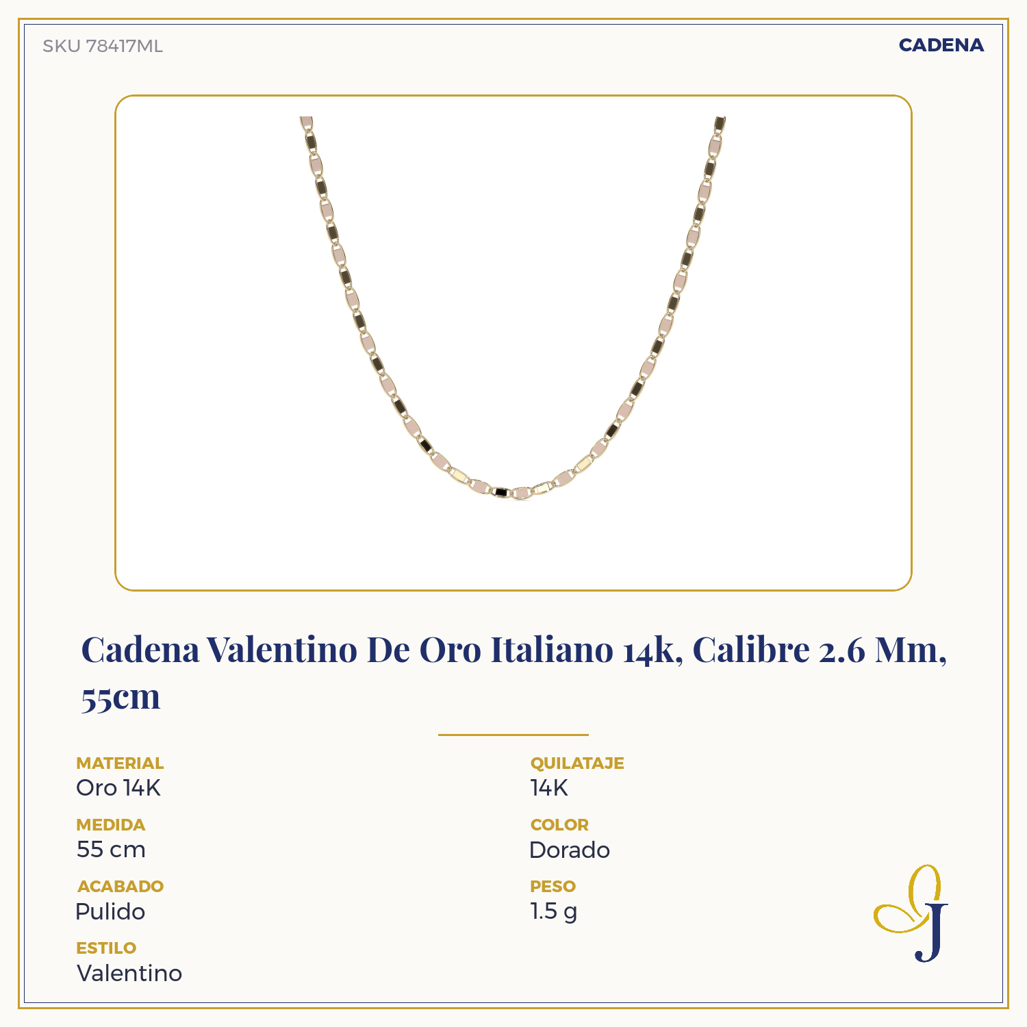 14K Italian Gold Valentino Chain, 2.6mm Gauge, 55cm