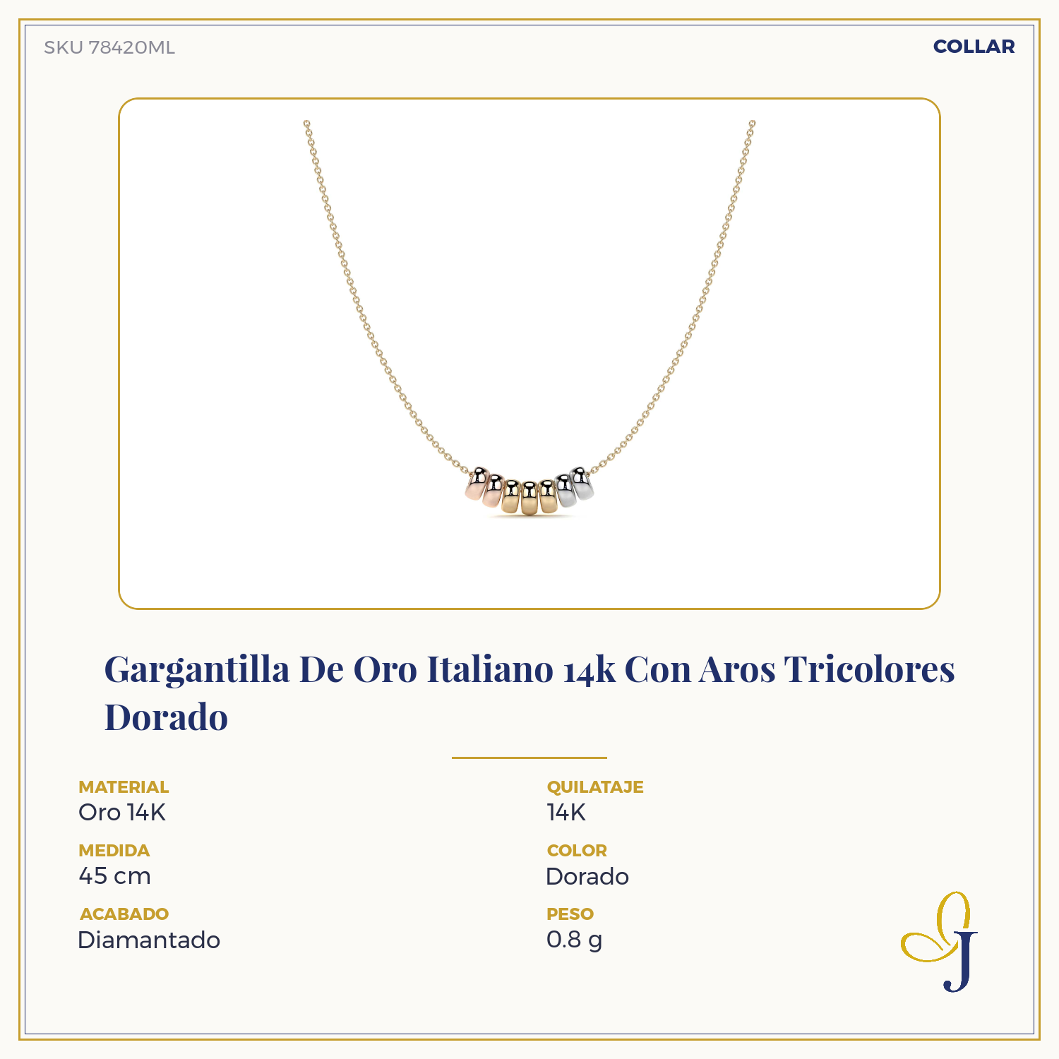 10k Italian Gold Women's Choker Chain, Tricolor Rings