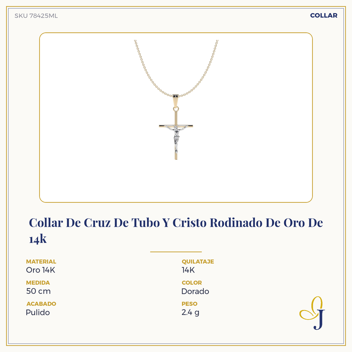 14k Gold Rodium Plated Tube Cross and Christ Necklace