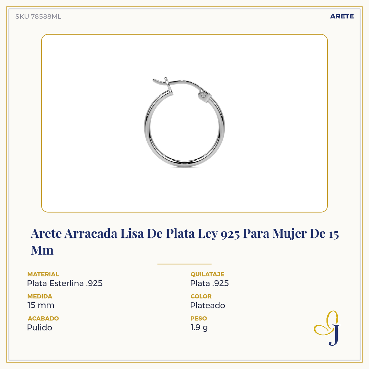 925 Sterling Silver Smooth Hoop Earring for Women 15mm