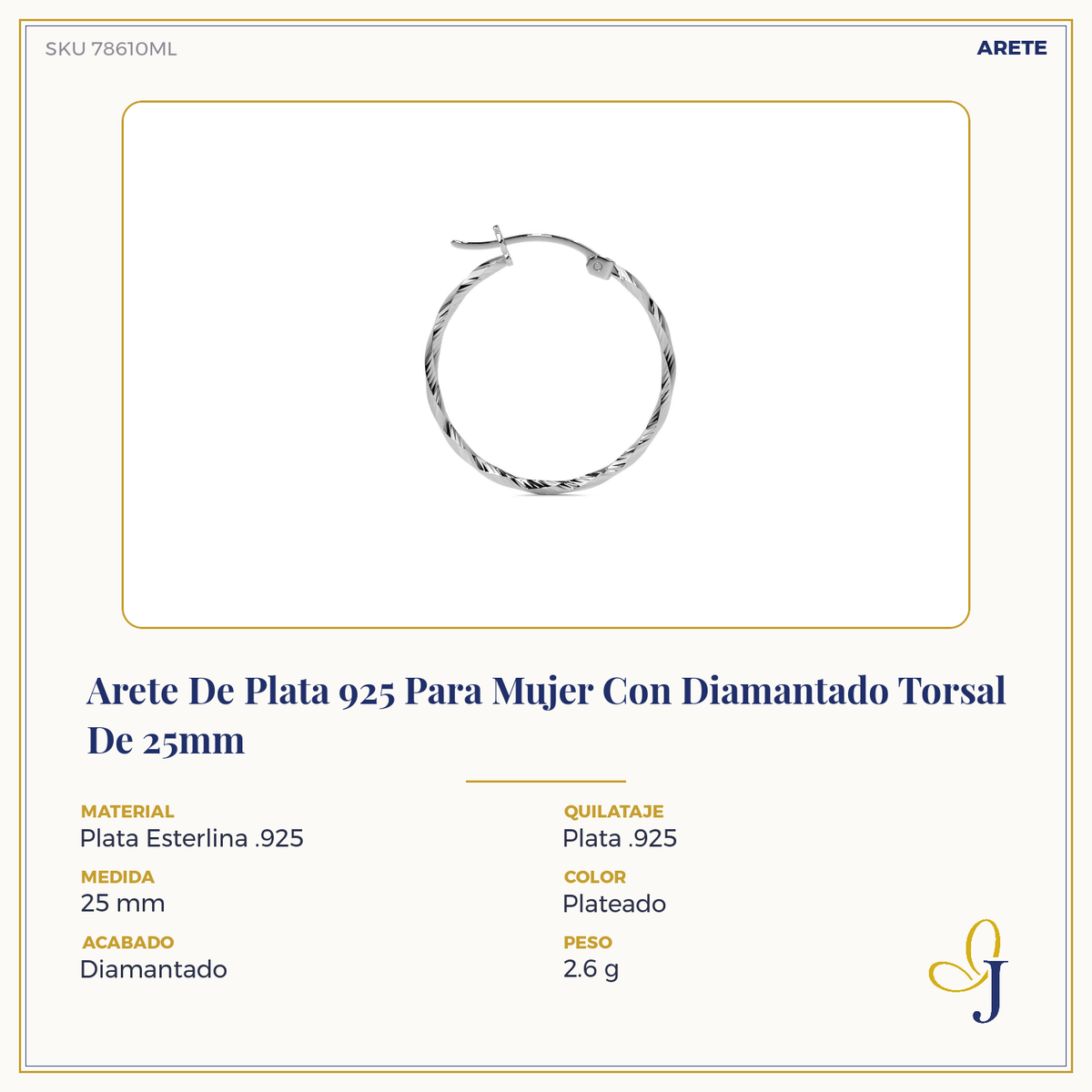 925 Sterling Silver Earring for Women with Diamond-Cut Torsal Detail