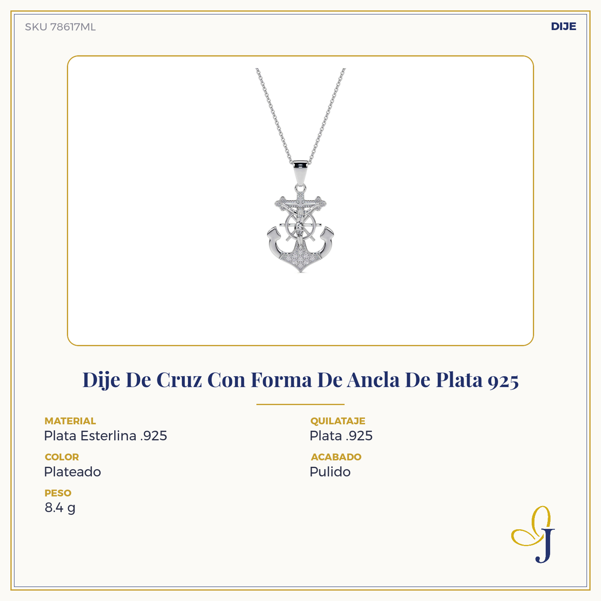 925 Sterling Silver Anchor-Shaped Cross Pendant