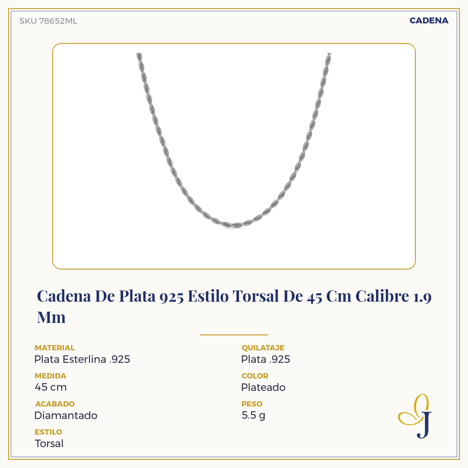 925 Italian Sterling Silver Torsal Chain 1.9mm Gauge in 4 Colors