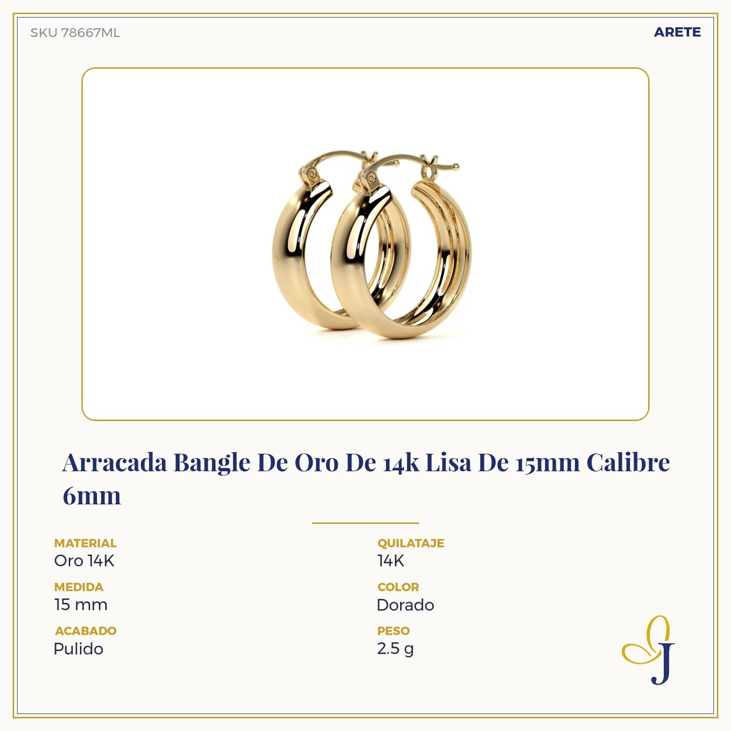 14k Gold Smooth Bangle Hoop Earring, 15mm, 6mm Wide