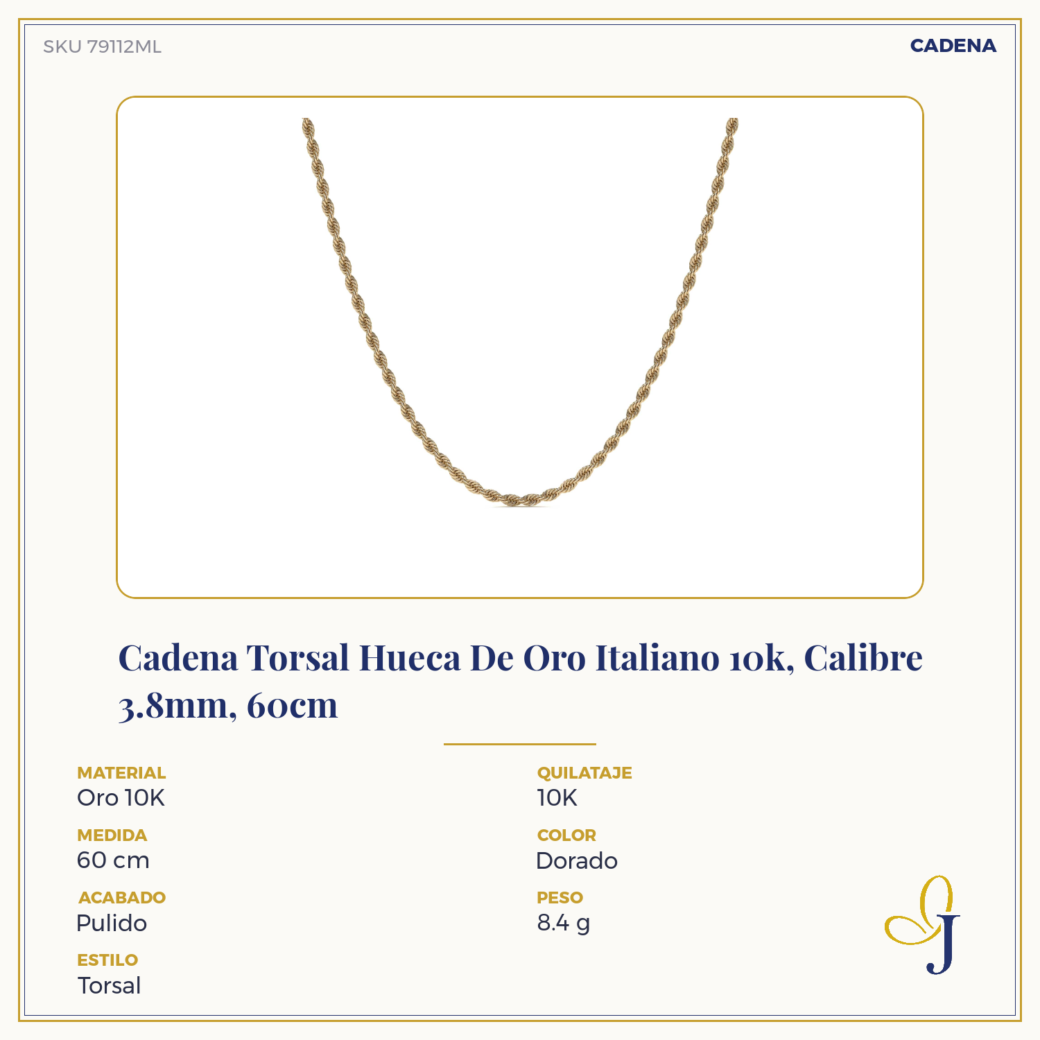 10k Italian Gold Hollow Torsal Chain, 3.8mm Gauge, 60cm