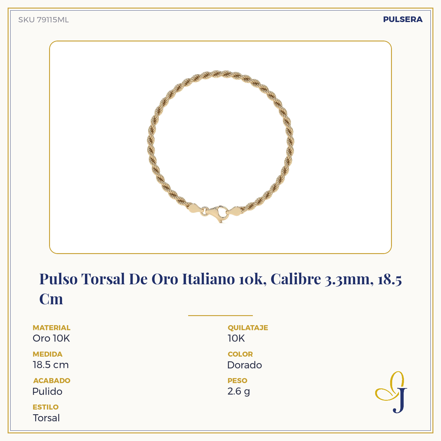 10k Italian Gold Torsal Bracelet, 3.3mm Gauge, 16cm