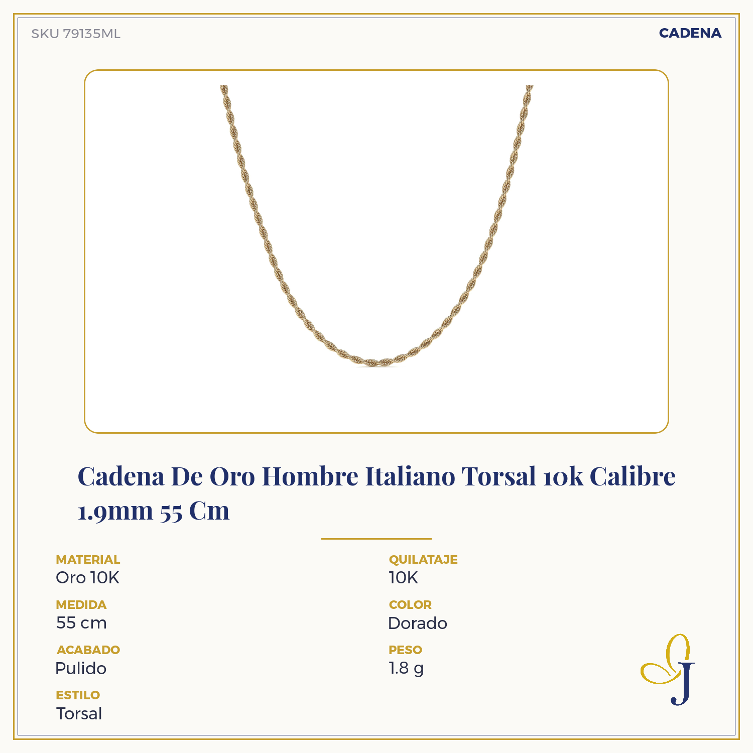 10k Italian Gold Men's Torsal Chain, 1.9mm Gauge, 55cm