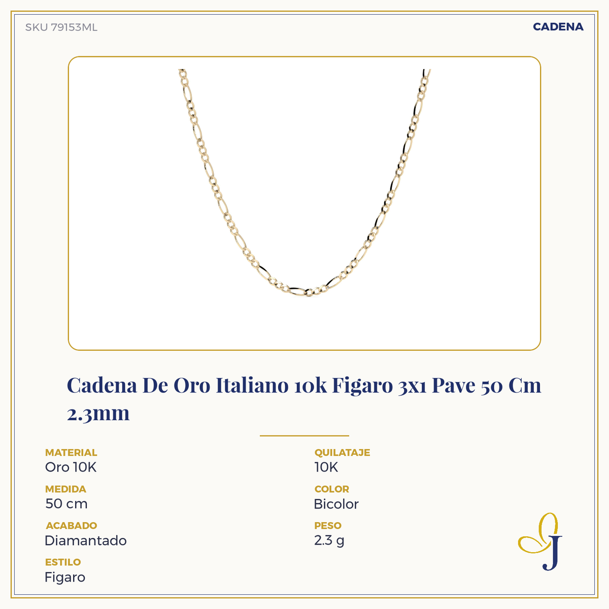 10k Italian Gold Pavé Figaro 3x1 Chain, 50cm, 2.3mm