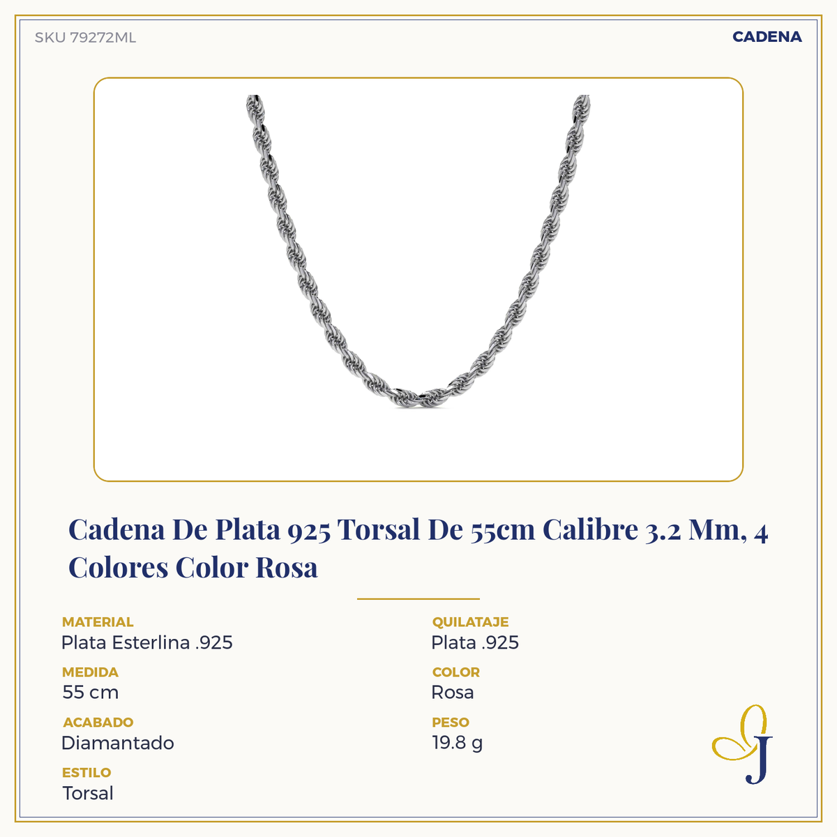 Sterling Silver 925 Torsal Chain 3.2 mm Gauge, 4 Colors