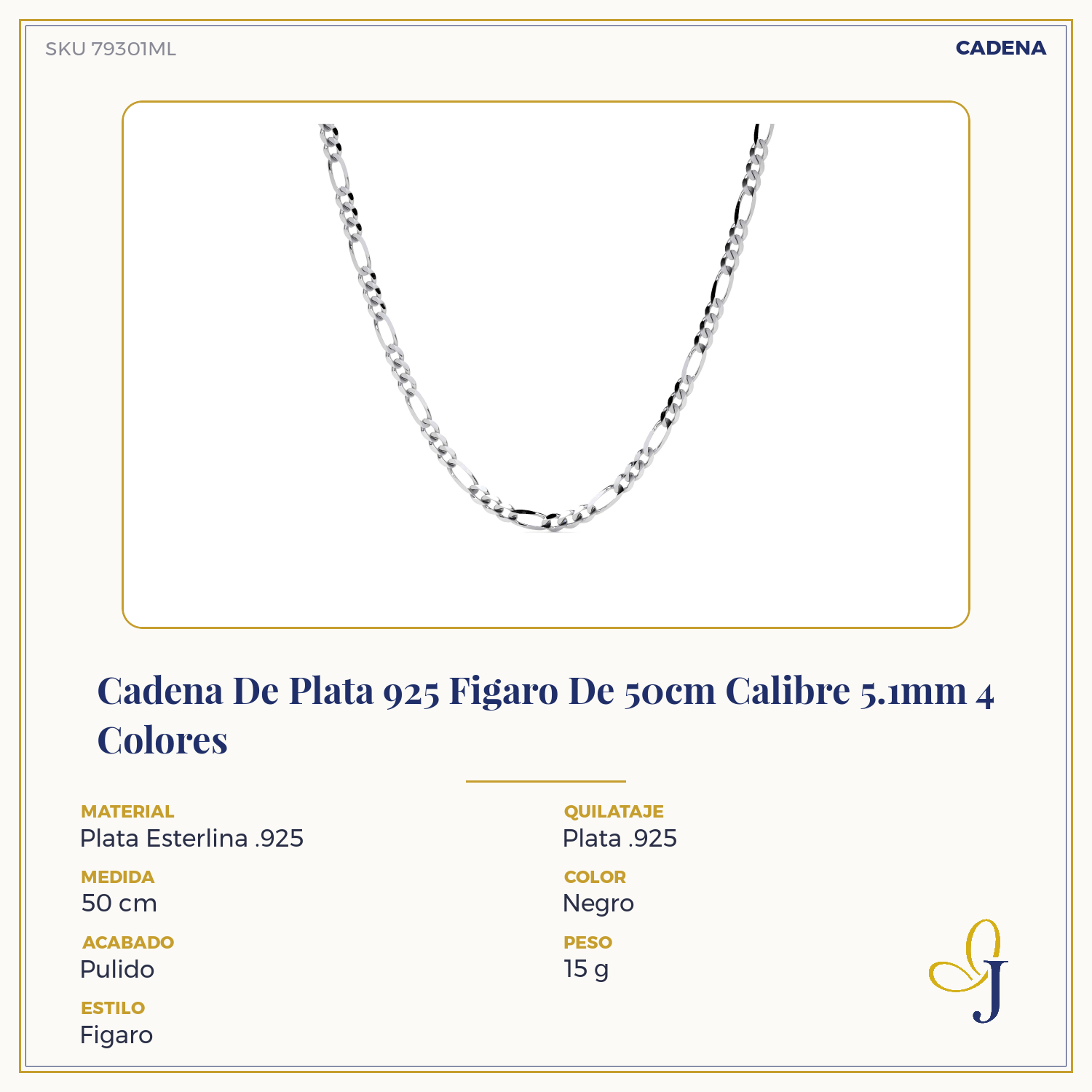 Sterling Silver 925 3x1 Figaro Chain, 5.1mm Gauge in 5 colors