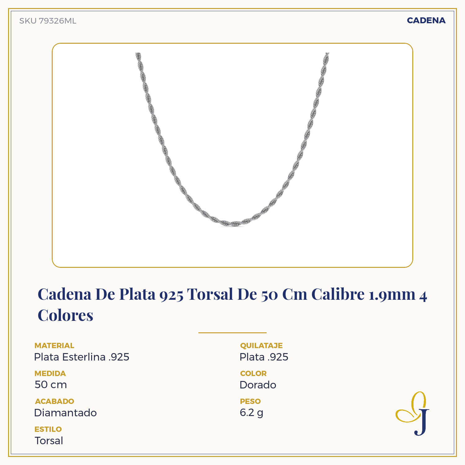 925 Italian Sterling Silver Torsal Chain 1.9mm Gauge in 4 Colors