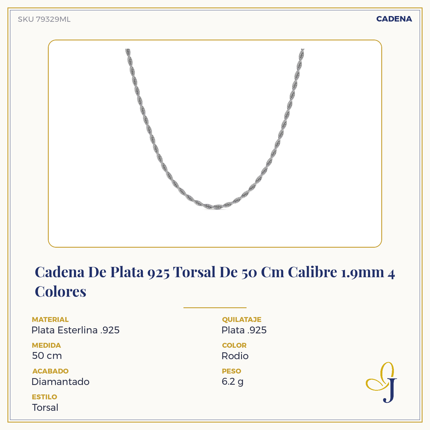 925 Italian Sterling Silver Torsal Chain 1.9mm Gauge in 4 Colors