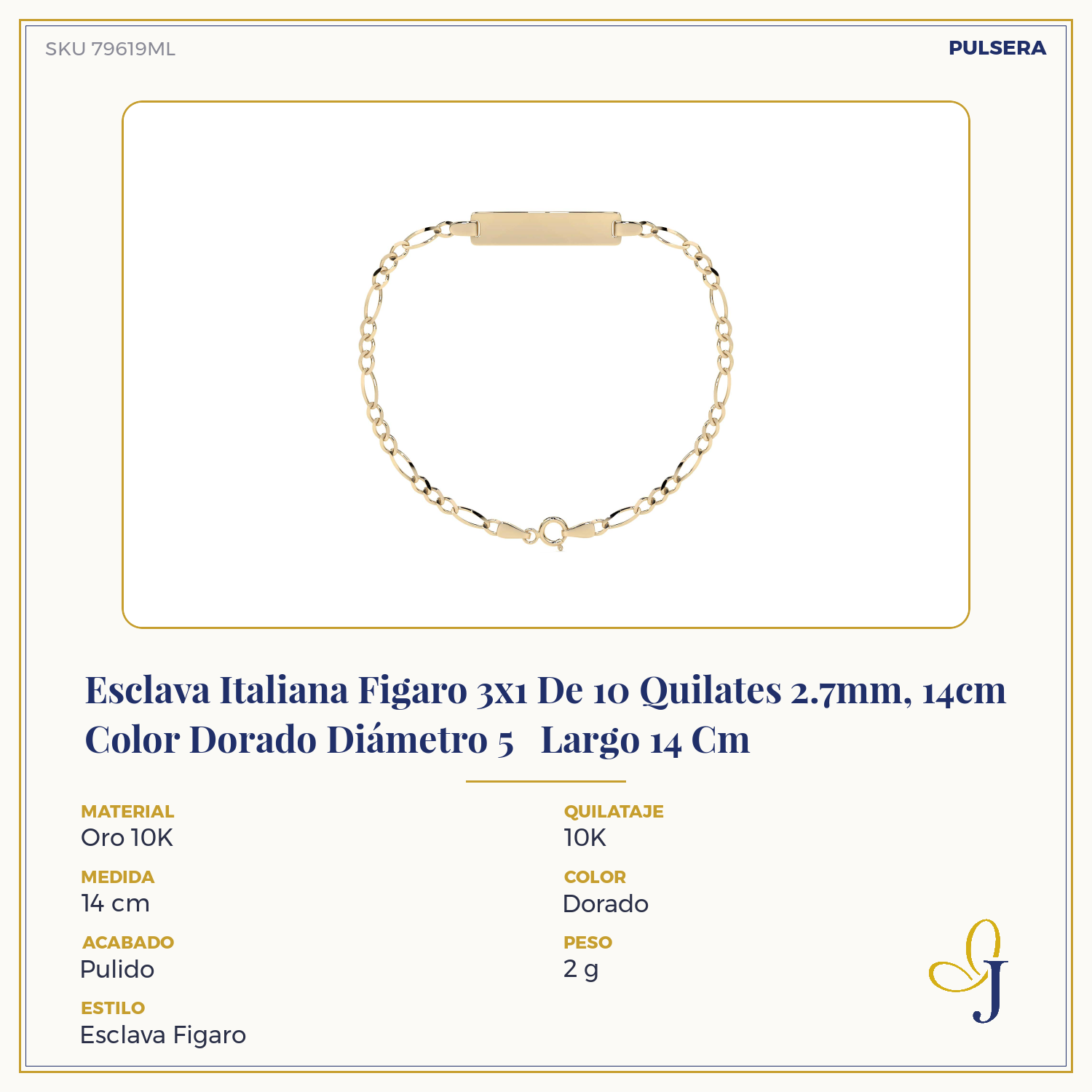 10K Italian Figaro 3x1 Slave Bracelet, 2.7mm, 18cm, Gold-Tone