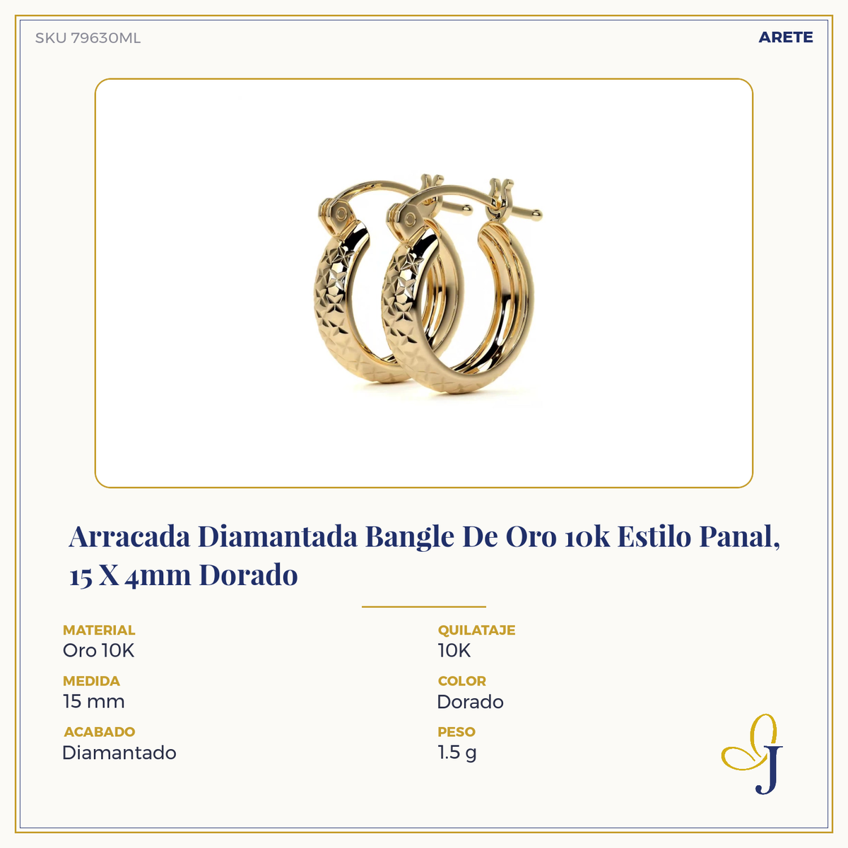 10k Gold Diamond-Cut Honeycomb Bangle Earring, 15 x 4mm Gold