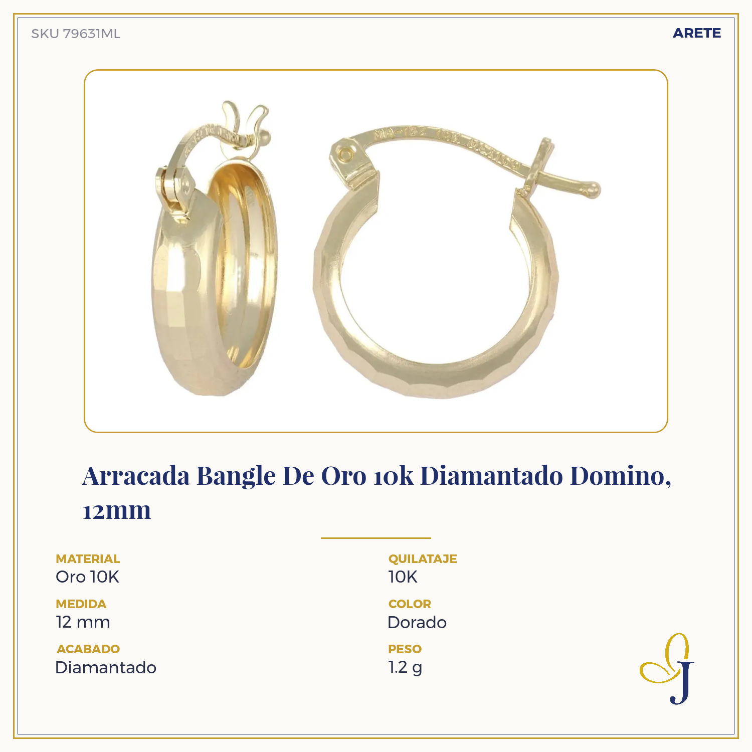 10k Gold Diamond-Cut Domino Style Arracada Bangle Earring, 15mm