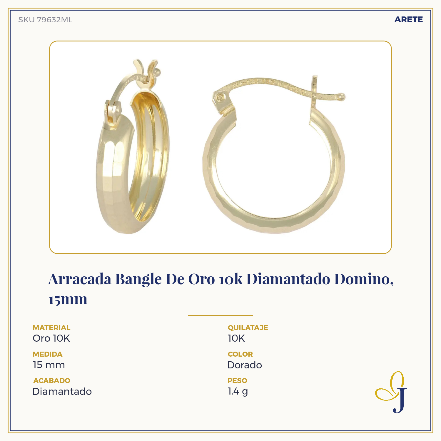 10k Gold Diamond-Cut Domino Style Arracada Bangle Earring, 15mm