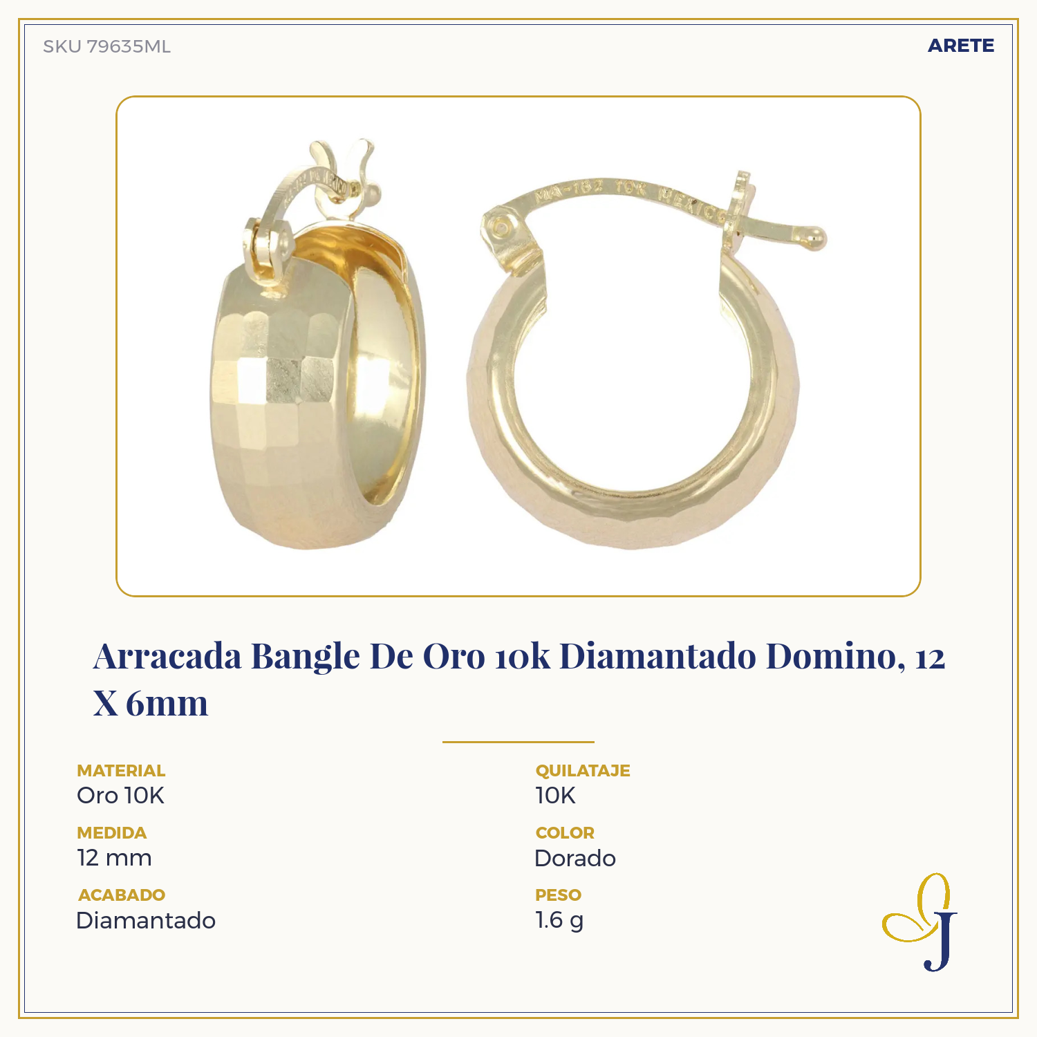 10k Gold Diamond-Cut Domino Style Arracada Bangle Earring, 12 x 6mm