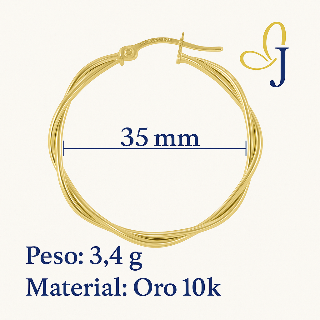 10k Gold Twisted Smooth Tube Hoop Earrings, 35mm