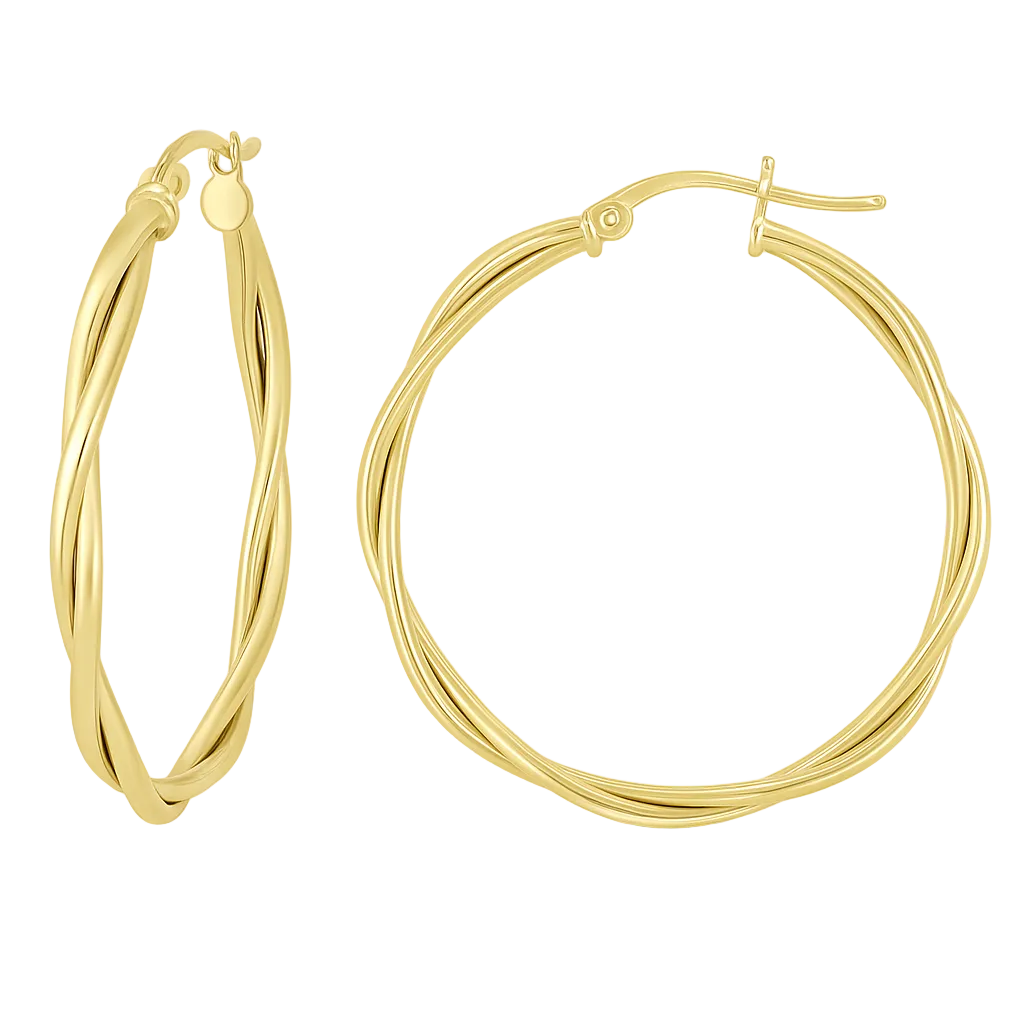 10k Gold Twisted Smooth Tube Hoop Earrings, 35mm